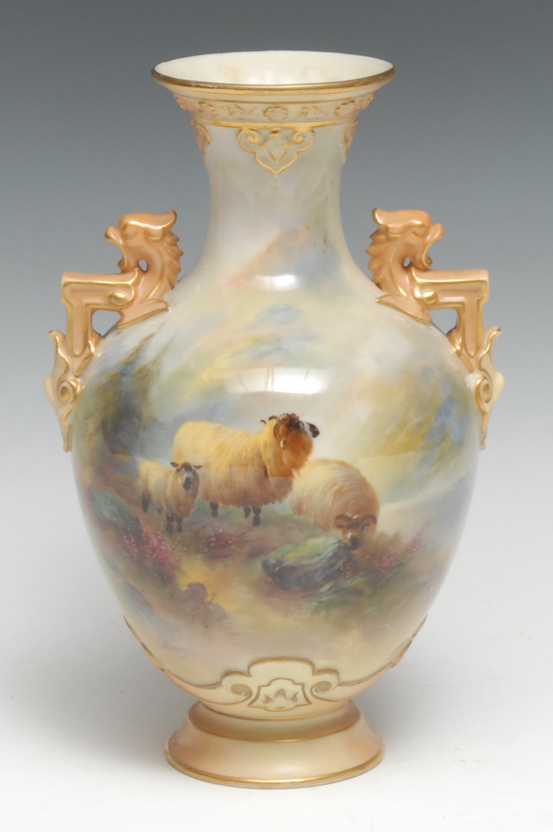 A Royal Worcester pedestal ovoid vase, painted by Jas Stinton, signed, with highland sheep,