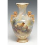 A Royal Worcester pedestal ovoid vase, painted by Jas Stinton, signed, with highland sheep,