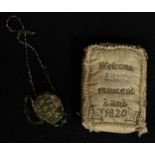 A George III silk and cut steel piqué pin cushion, inscribed Welcome Little Innocent Lamb, dated