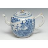 A Chinese Export porcelain globular tea pot and cover, painted with a landscape in underglaze