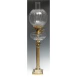A Victorian gilt-brass and glass columnar oil lamp, fluted shade and cut-glass reservoir, Corinthian