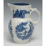 A Caughley Fisherman pattern cabbage leaf moulded jug, mask spout, printed with five prints of the