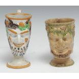 A Prattware Bacchus pedestal frog mug, moulded in relief with a bearded and horned mask, fruiting