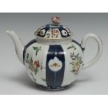 A Worcester facetted globular teapot and cover, painted with alternating panels of flowers on