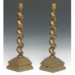 A pair of Baroque design brass table lamps, cast as Solomonic columns, pentagonal bases, 41.5cm high