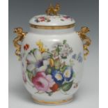 An English porcelain ovoid vase, inner cover and cover, probably Chamberlain, painted with roses and