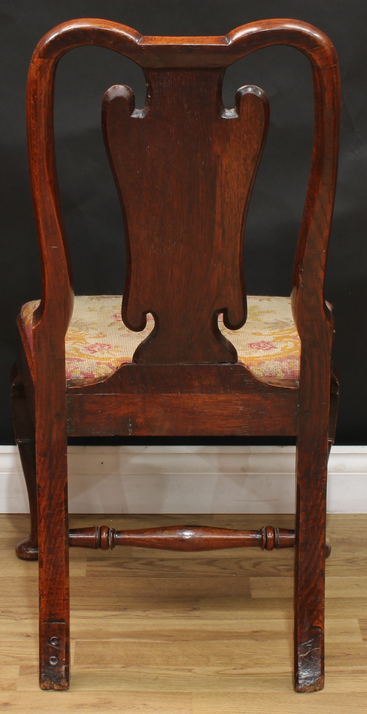 A George I oak side chair, double-arch cresting rail, vasular splat, drop-in needlework seat, - Image 4 of 4