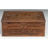 A Chinese sandalwood rectangular box, carved in relief with figures and flowers, 31cm wide, Canton