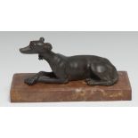 French School (19th century), a dark patinated bronze, of a recumbent hound, rectangular marble