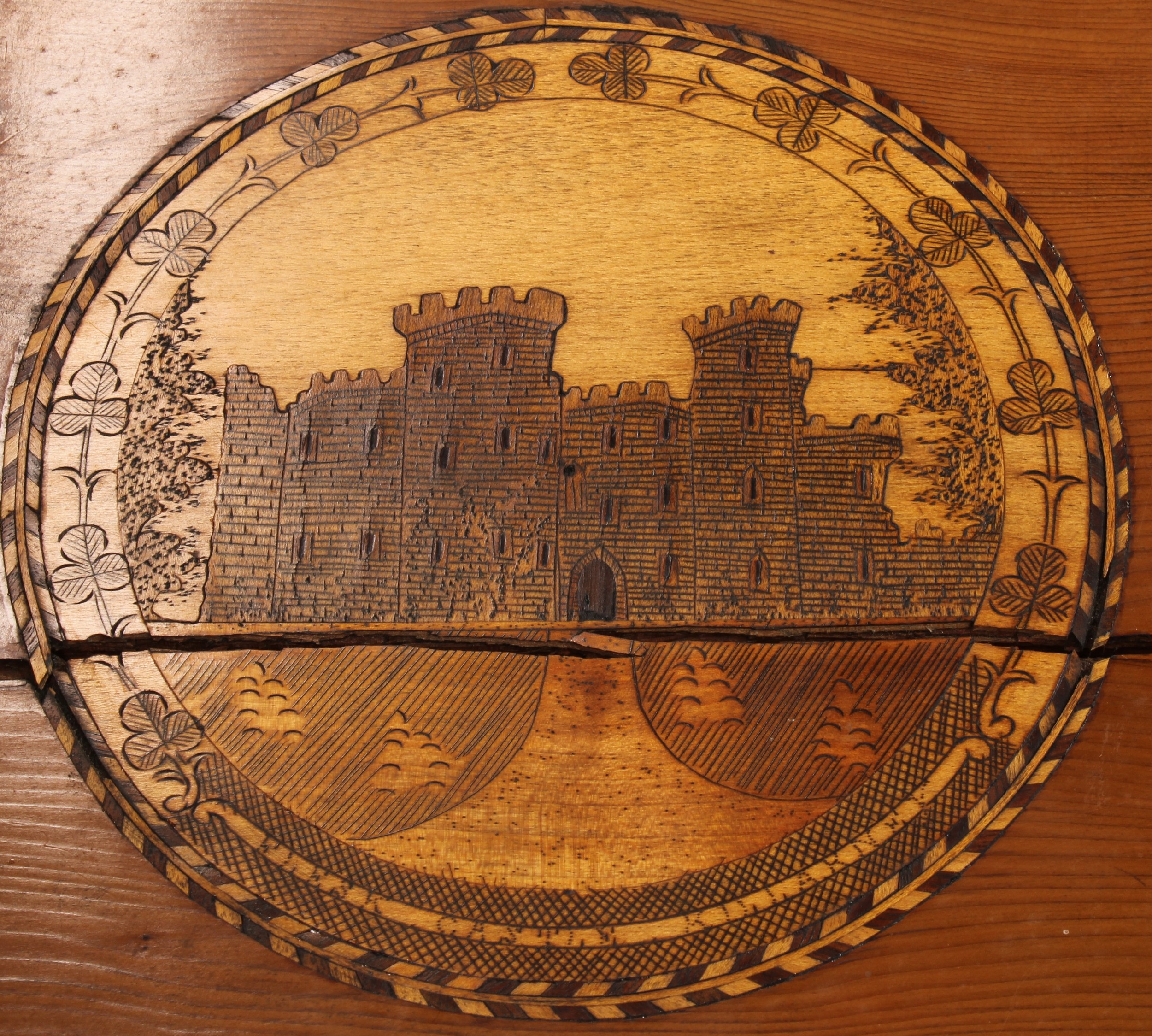 A 19th century Irish Killarney marquetry and yew room centre tea or silver table, hinged rectangular - Image 9 of 15