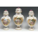A garniture of late 19th century German Helena Wolfsohn pedestal ogee shaped vases and covers,