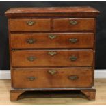 A George I walnut and pine chest, rectangular top with moulded edge above two short and three long