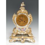 A 19th century Louis XV Revival cartouche-shaped porcelain mantel clock, 7.5cm engine-turned brass