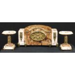 A French Art Deco marble mantel clock garniture, 15.5cm oval gilt dial inscribed with Arabic