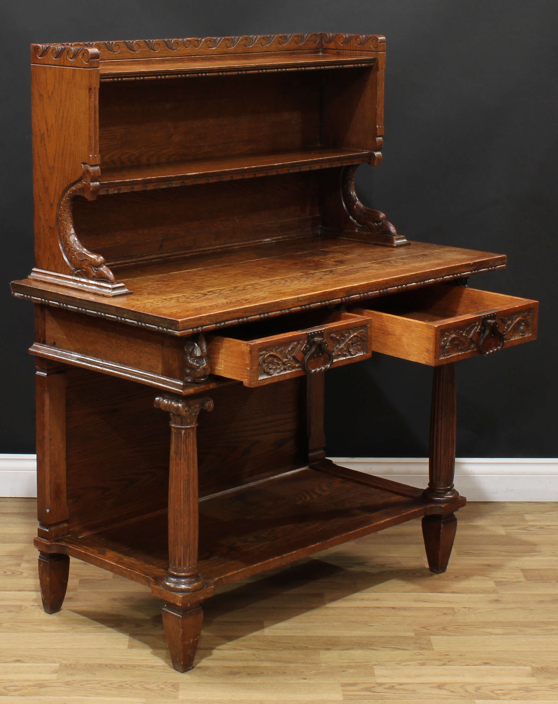 An Arts & Crafts period oak library side table, by Rasmus Nielsen, the bookcase superstructure - Image 4 of 7