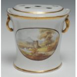 A 19th century Davenport bough pot and cover, painted with a landscape, 15cm high, impressed