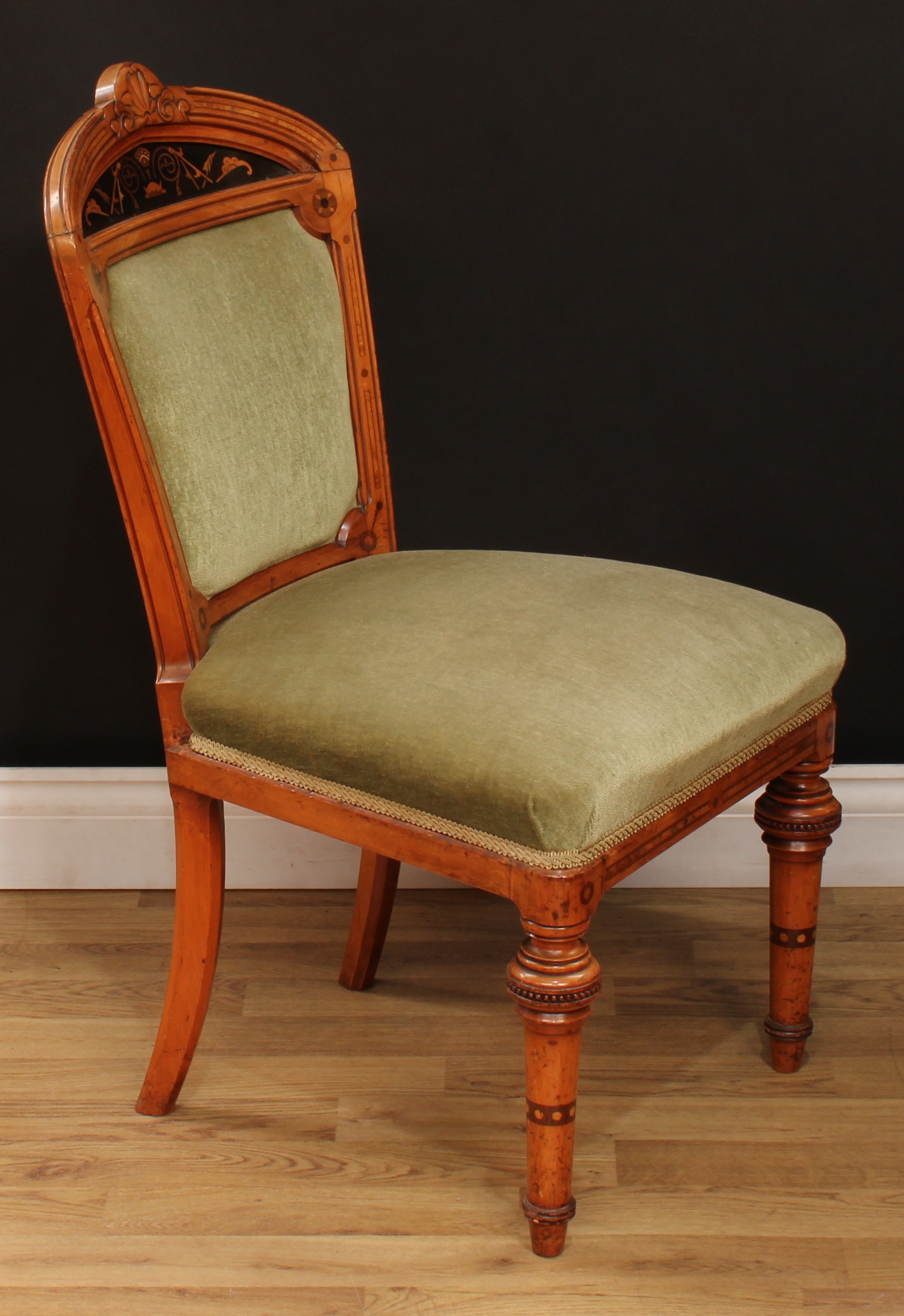 A pair of Victorian walnut and marquetry side chairs, each with shaped cresting rail carved with a - Image 4 of 7