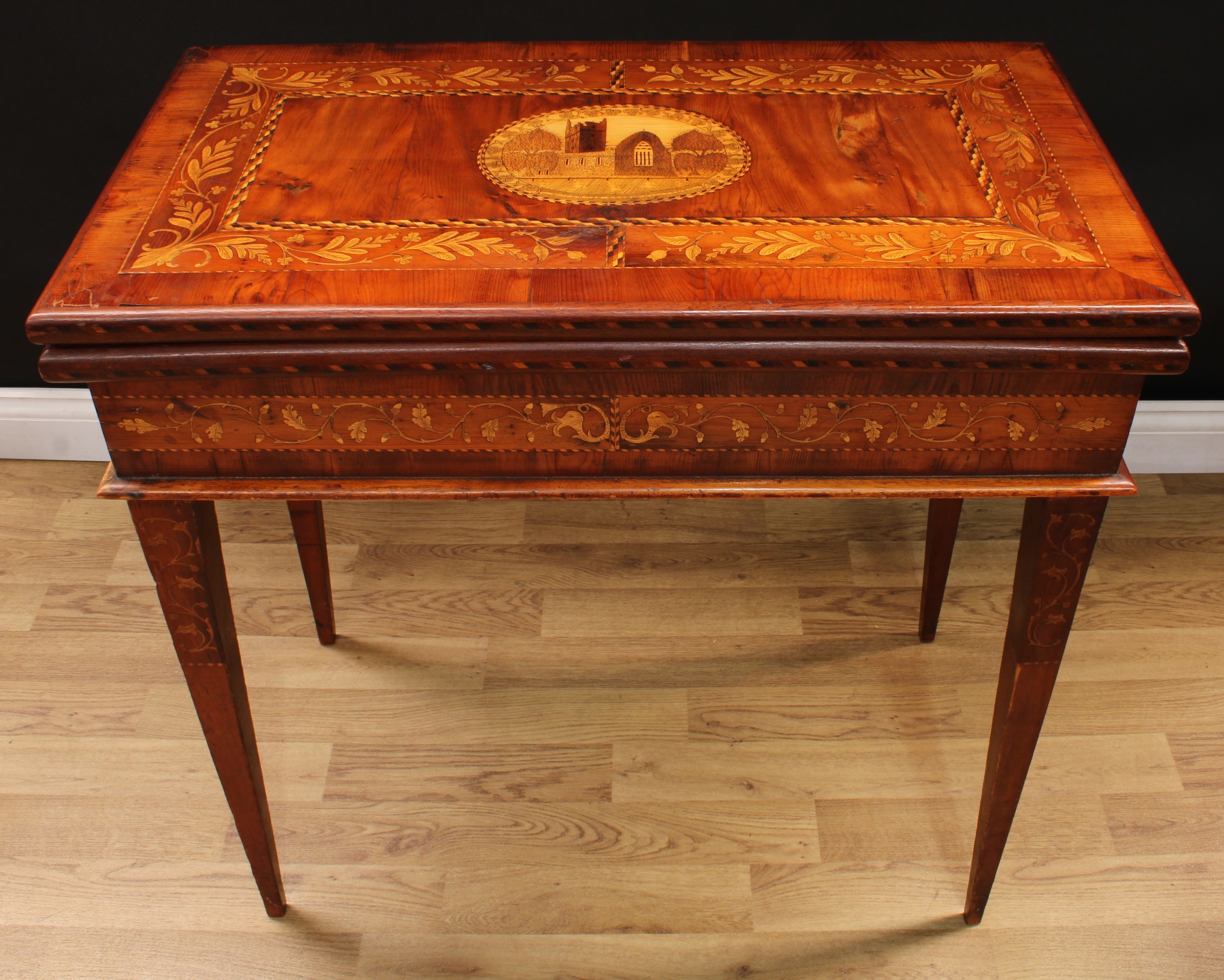 A 19th century Irish Killarney marquetry and yew room centre tea or silver table, hinged rectangular - Image 2 of 15