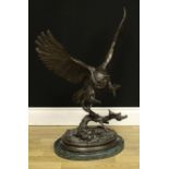 J. Moigniez, after, French, a large patinated bronze, of an owl, wings outstretched, green marble