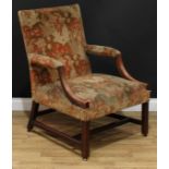 A George III mahogany Gainsborough armchair, stuffed-over upholstery, moulded downswept arms,
