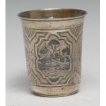 A Russian silver and niello flared cylindrical beaker, decorated with flowerheads and landscape