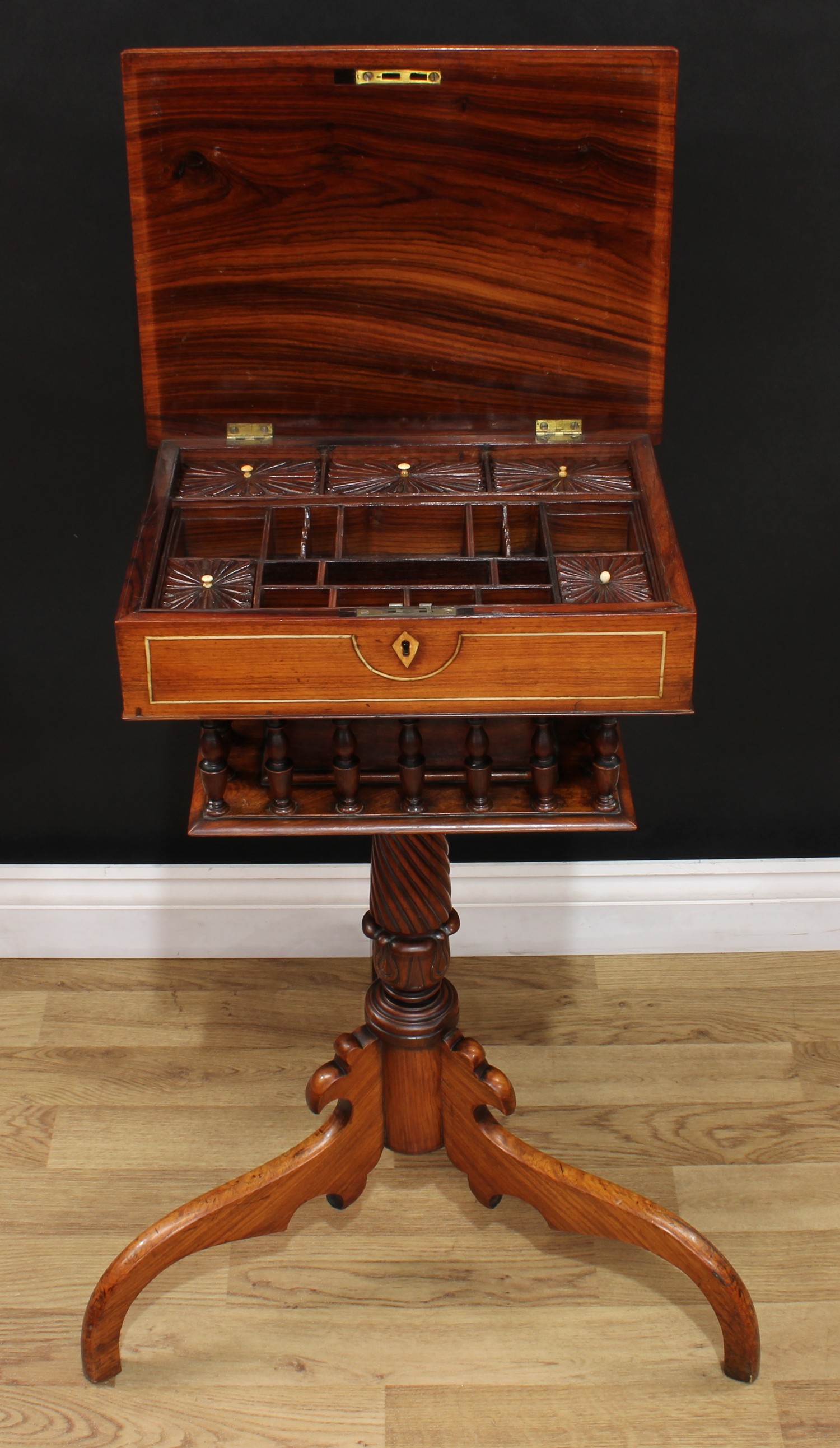 A 19th century Anglo-Indian rosewood tripod work table, hinged top enclosing a fitted interior - Image 4 of 8