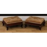 A pair of early Victorian rosewood footstools, deep-button upholstery, cabriole legs, 19cm high,