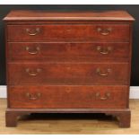 A George III oak chest, of small proportions, slightly oversailing top above four long graduated