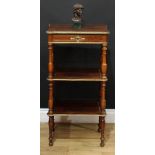 A 19th century French brass mounted and marquetry bijouterie etagere, hinged rectangular top