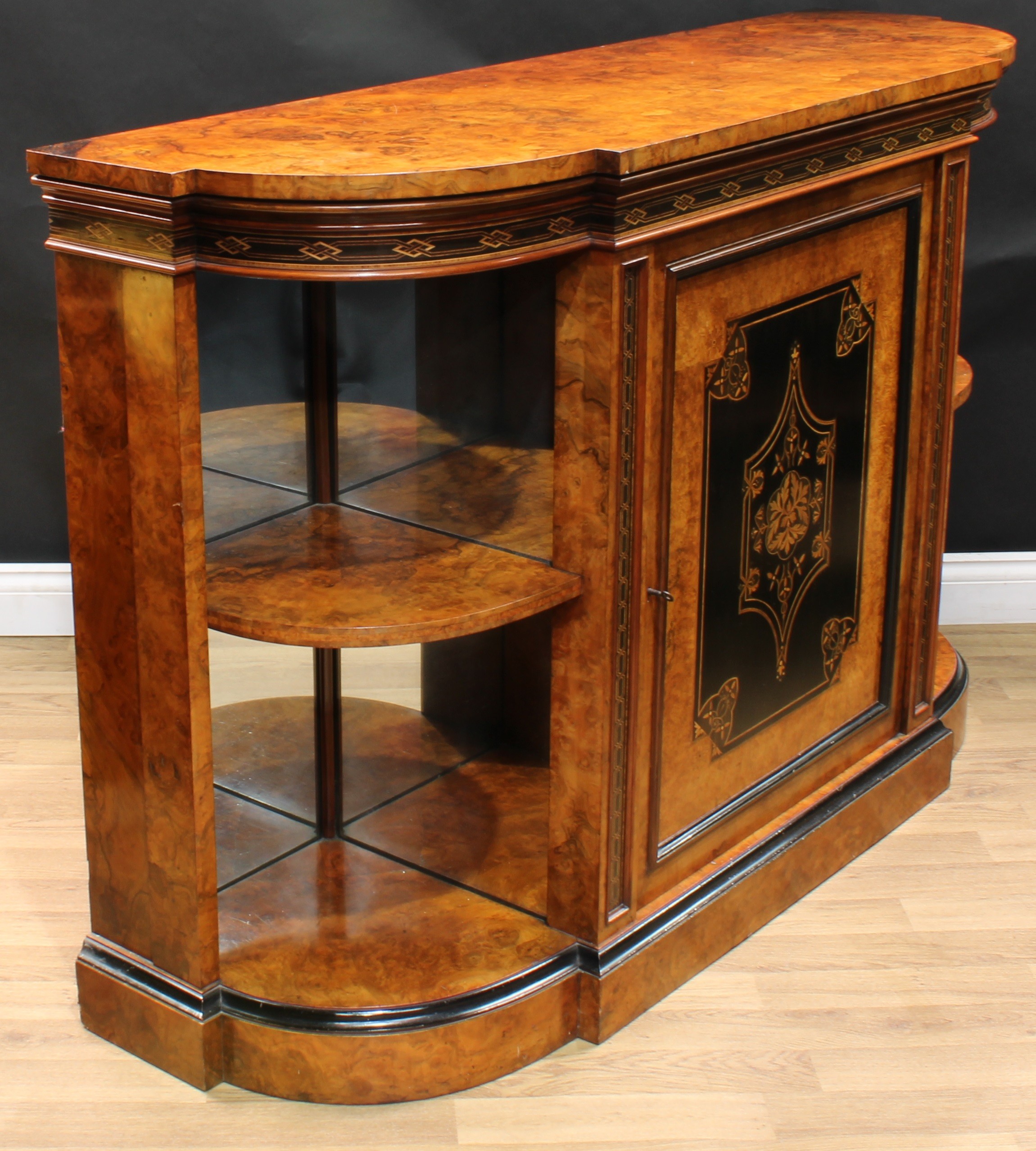 A Victorian walnut, ebonised and marquetry break-centre credenza, slightly oversailing top above a - Image 4 of 5