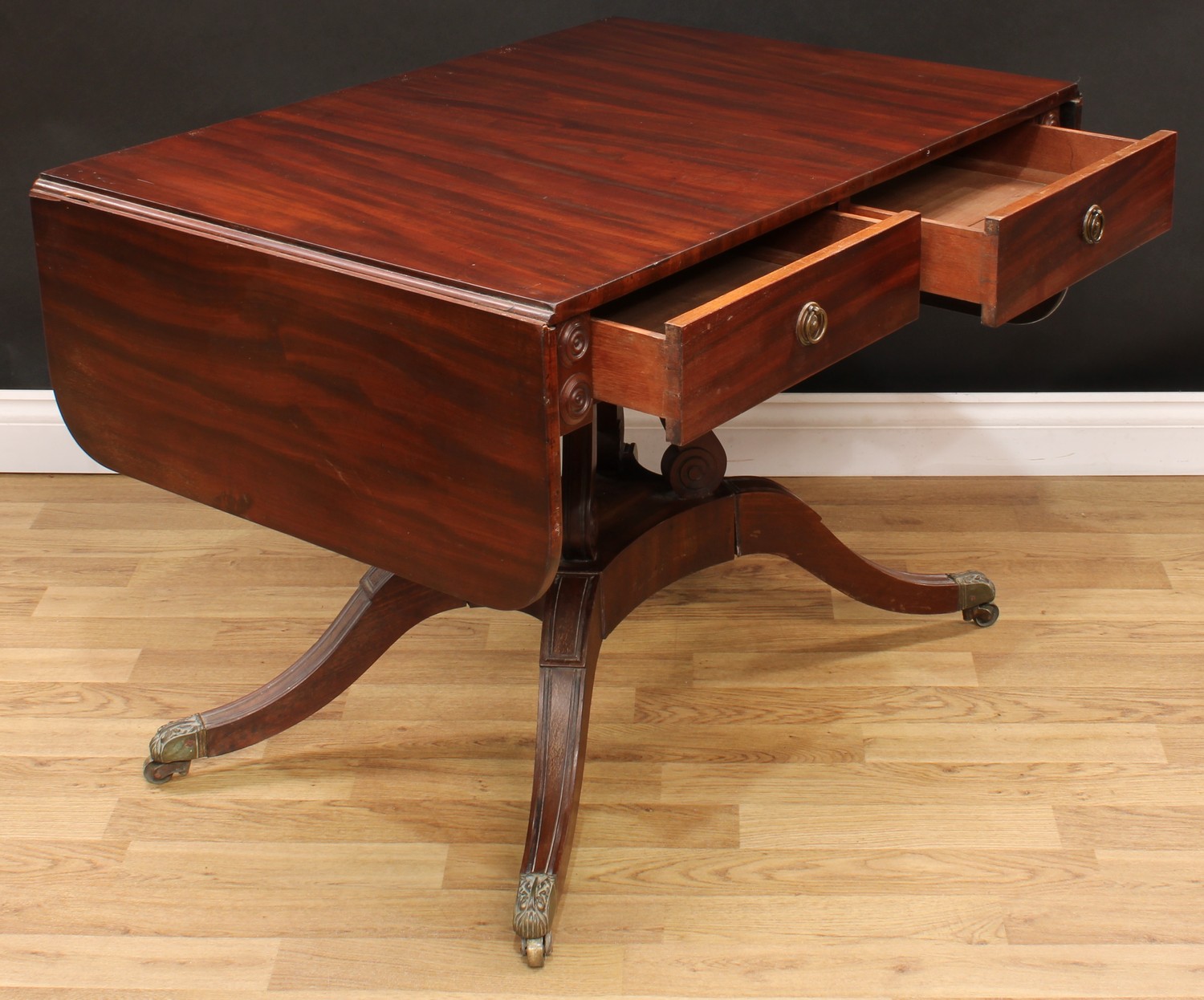 A William IV mahogany sofa table, rectangular top with fall leaves above a pair of frieze drawers, - Image 4 of 4