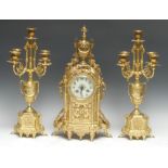 A Louis XVI style gilt-metal clock garniture, 9cm dial inscribed with Arabic numerals, twin-