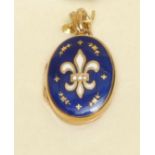 A modern Faberge diamond inset 18ct gold royal blue and white enamelled oval locket, signed verso,