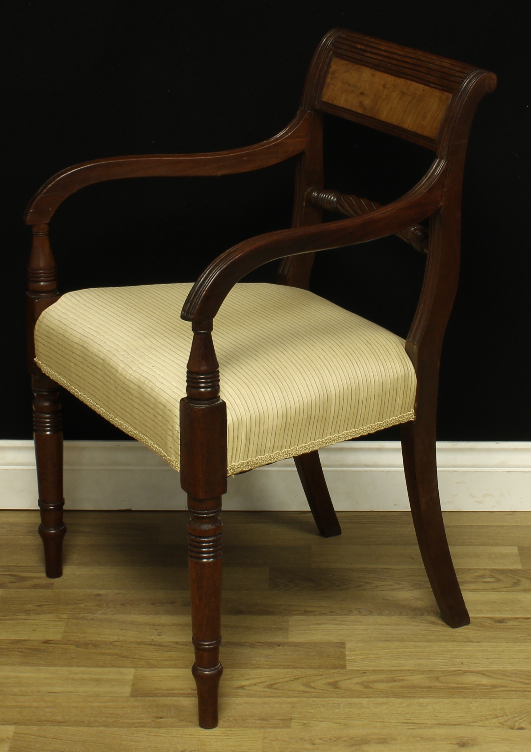 A George IV mahogany desk chair, reeded curved rectangular cresting rail, rope-twist mid rail, - Image 3 of 4