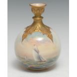 A Royal Worcester ovoid vase, painted by R Rushton, signed, with yachts at sea, the neck and
