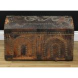A George III brass studded leather bound travelling trunk, hinged cover lettered CR, carry handles
