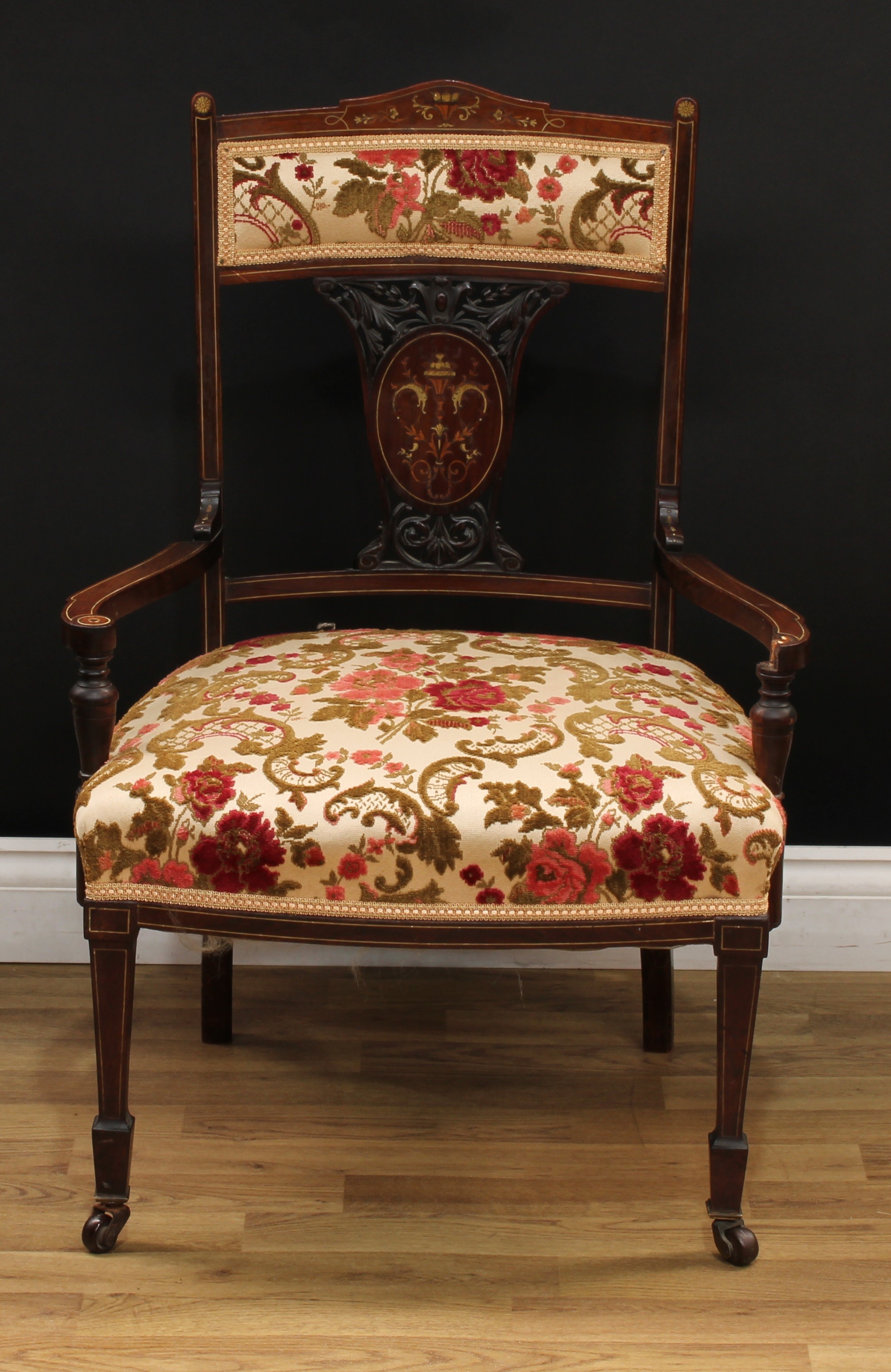 A late Victorian rosewood and marquetry four-piece drawing room suite, comprising a sofa, 85.5cm - Image 4 of 12