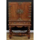 A brass mounted camphor cabinet on stand, of Queen Anne inspired design, flush rectangular top above