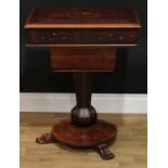 A 19th century Irish Killarney marquetry and arbutus work table, hinged cover, adjustable on a