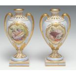 A pair of English Porcelain two handled pedestal ovoid vases, possibly Minton, painted with