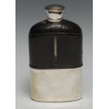 A large Victorian silver mounted and leather clad hip flask, screw-fitting cover, stirrup cup to
