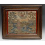 A late 17th/early 18th century needlework picture, embroidered in coloured threads with Hagar and