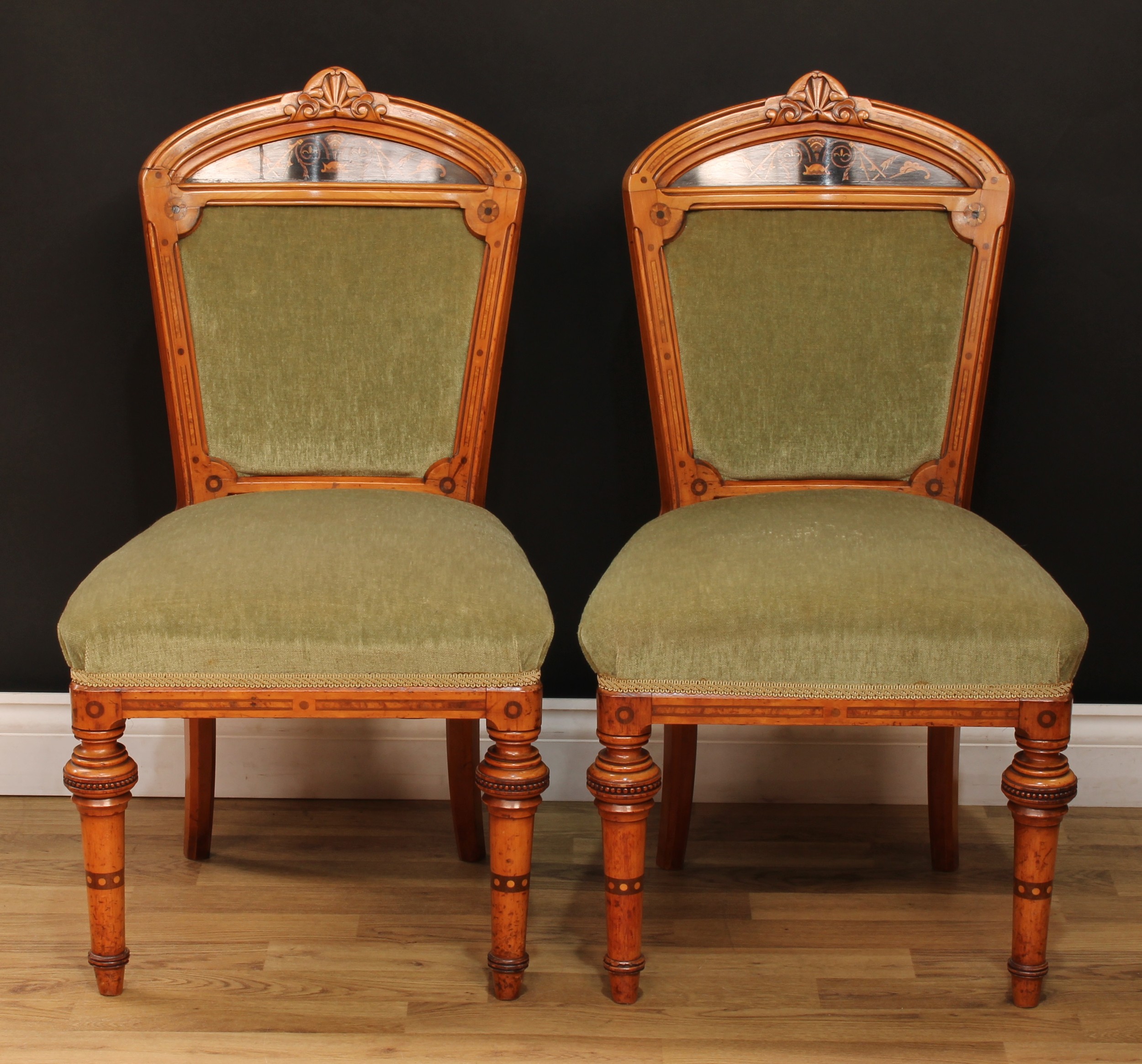 A pair of Victorian walnut and marquetry side chairs, each with shaped cresting rail carved with a - Image 2 of 7