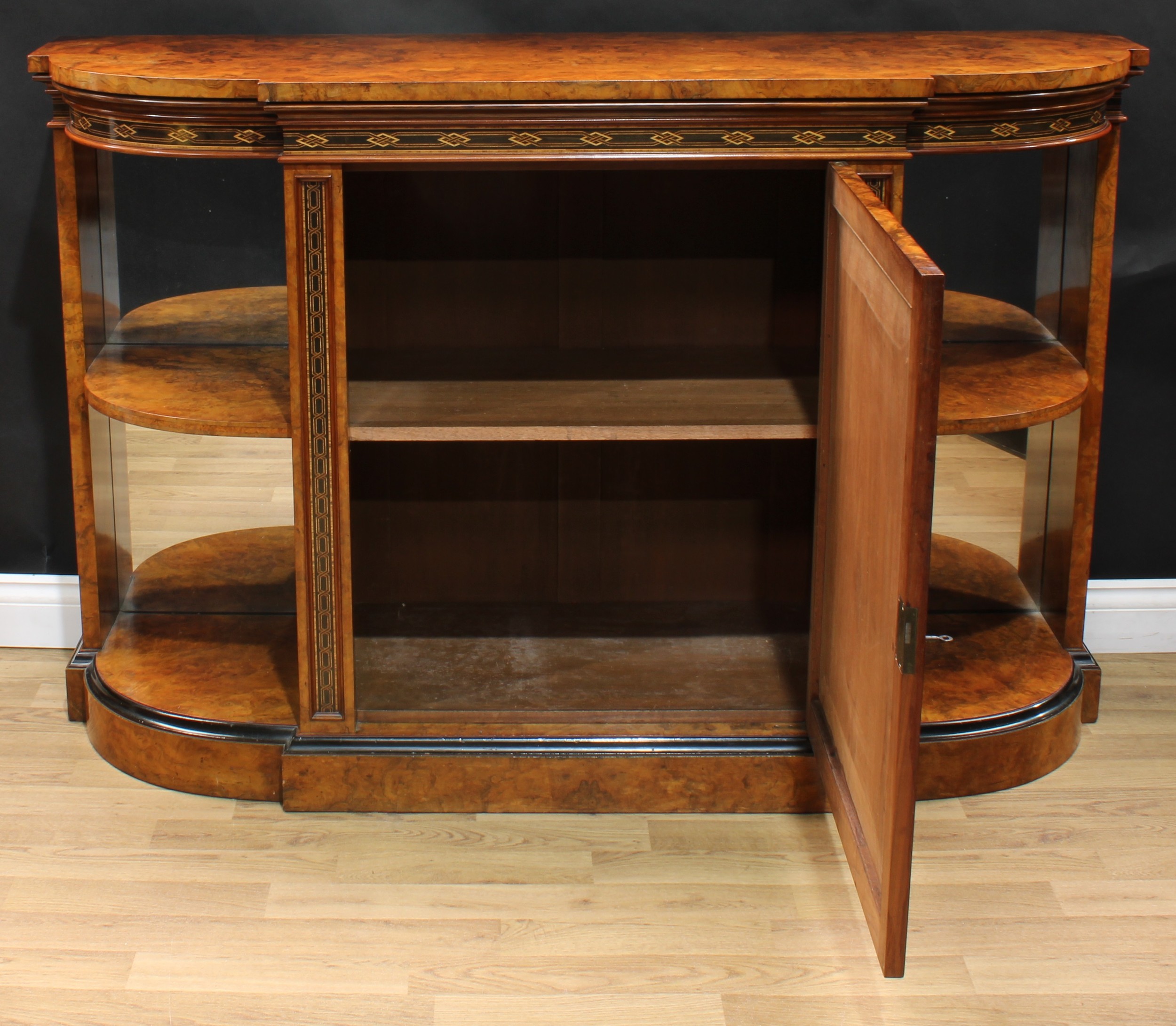 A Victorian walnut, ebonised and marquetry break-centre credenza, slightly oversailing top above a - Image 3 of 5