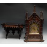 A Victorian Gothic Revival oak musical bracket clock, 16cm lancet arched dial inscribed with Roman