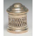 An Edwardian silver cylindrical string box, domed cover, pierced side, weighted base, Saunders &