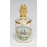 A Lynton porcelain cylindrical scent bottle, painted by Stefan Nowacki, monogrammed, with a schooner