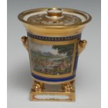 A Paris porcelain pot pourri vase and cover, painted with a Swiss landscape scene reserved on a deep