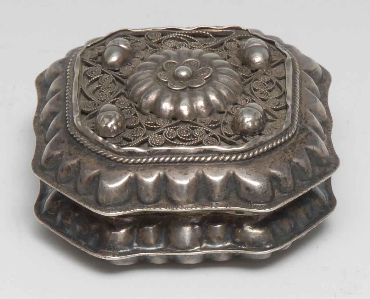 A 19th century Dutch canted square box, hinged cover applied with acorns and filigree and centred by