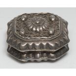 A 19th century Dutch canted square box, hinged cover applied with acorns and filigree and centred by